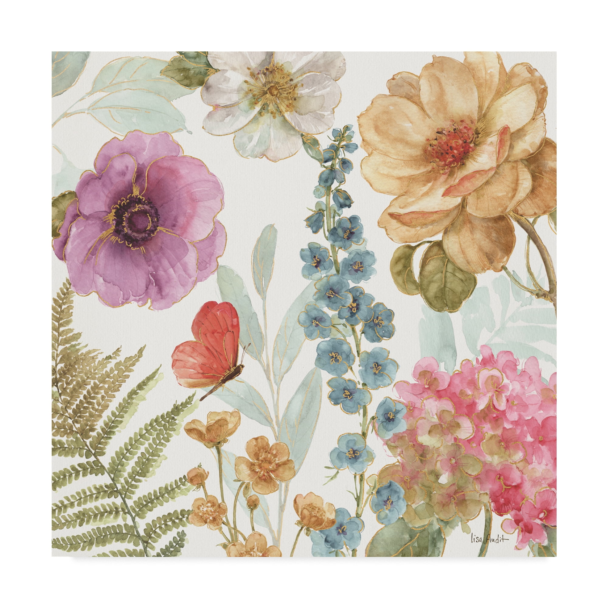 Lisa Audit Floral Watercolor Canvas Art with Butterfly, 18 x 18