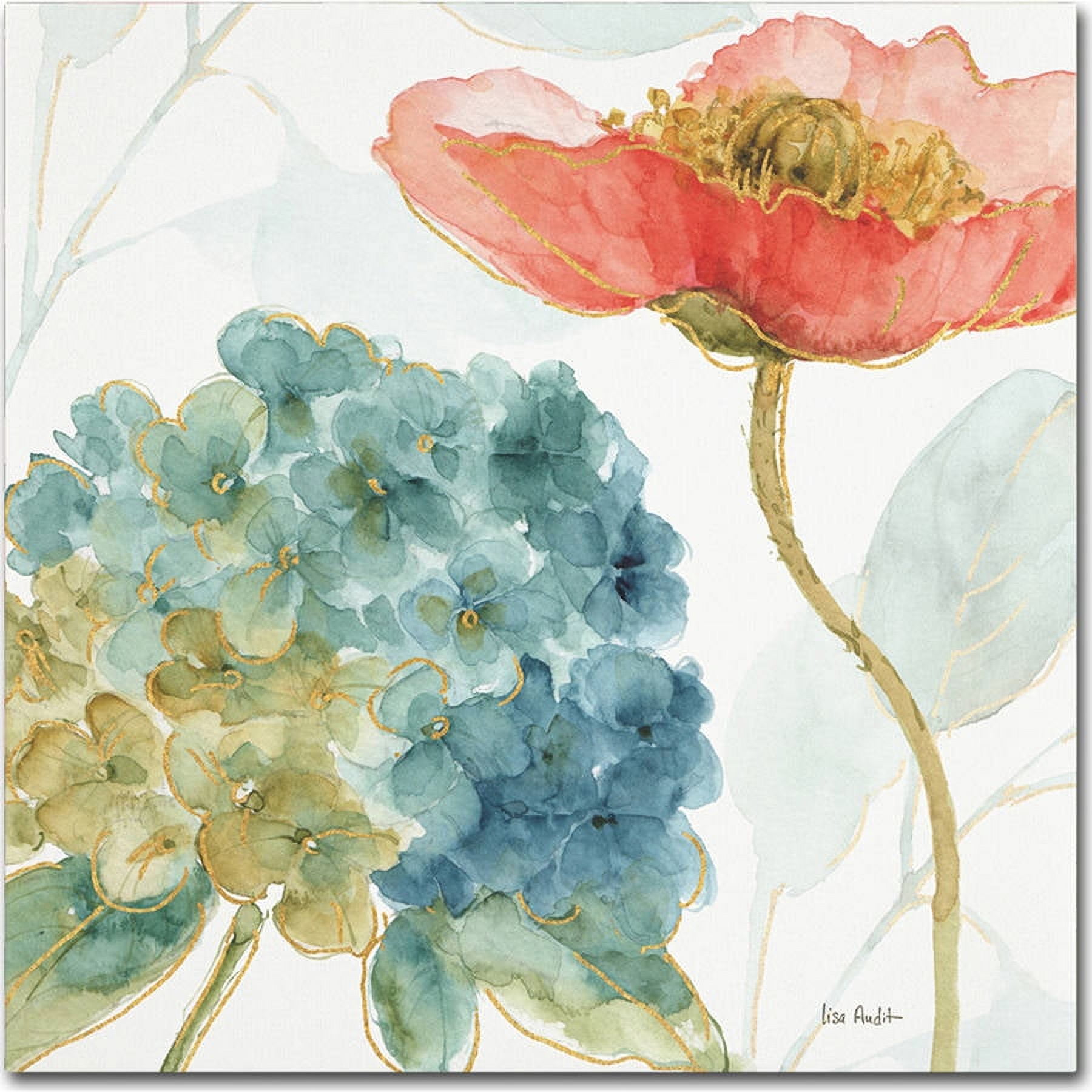 Blue and Red Floral Watercolor Canvas Art with Wood Frame