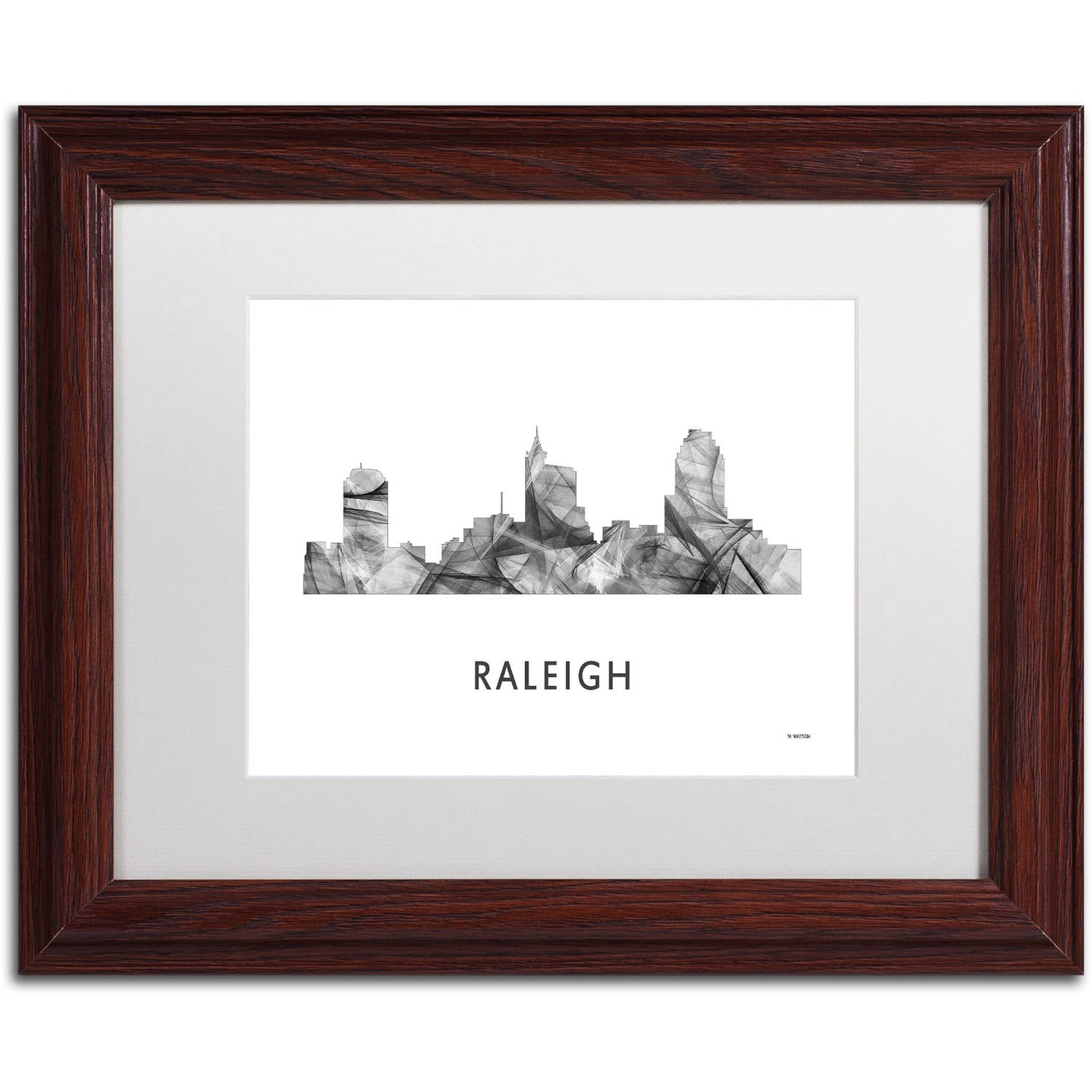 Trademark Fine Art 'Raleigh NC Skyline WB-BW' Canvas Art by Marlene Watson, White Matte, Wood Frame