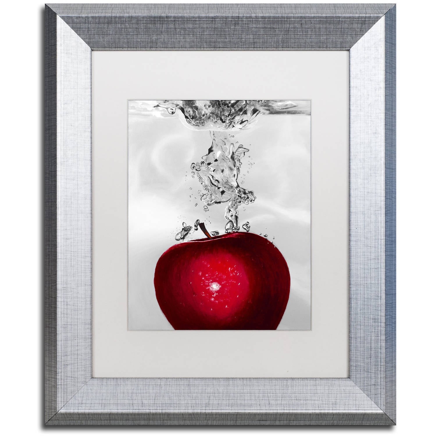 Trademark Fine Art "Red Apple Splash" Canvas Art by Roderick Stevens White Matte, Silver Frame