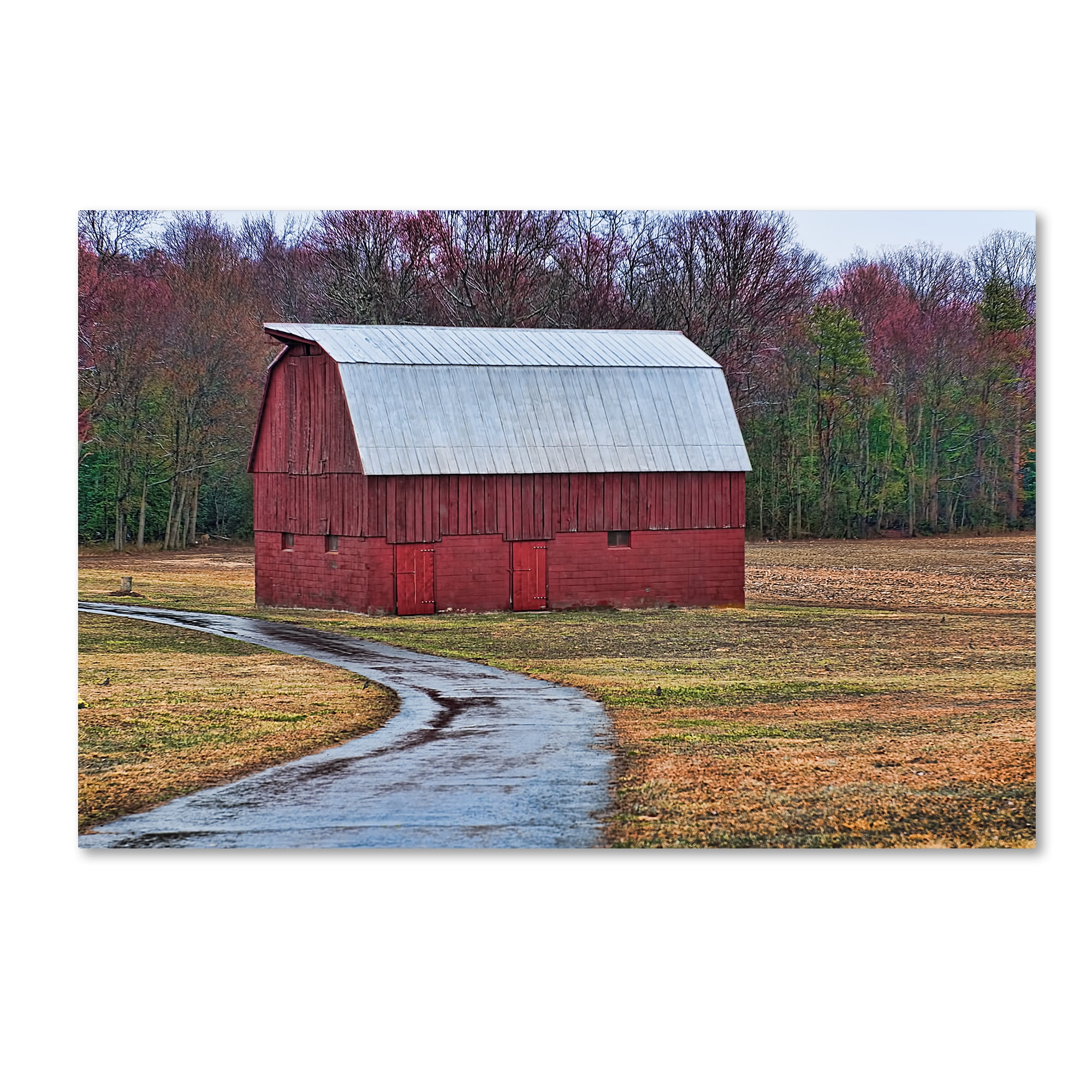 Large Red Barn Rustic Landscape Canvas Art with Wooden Frame