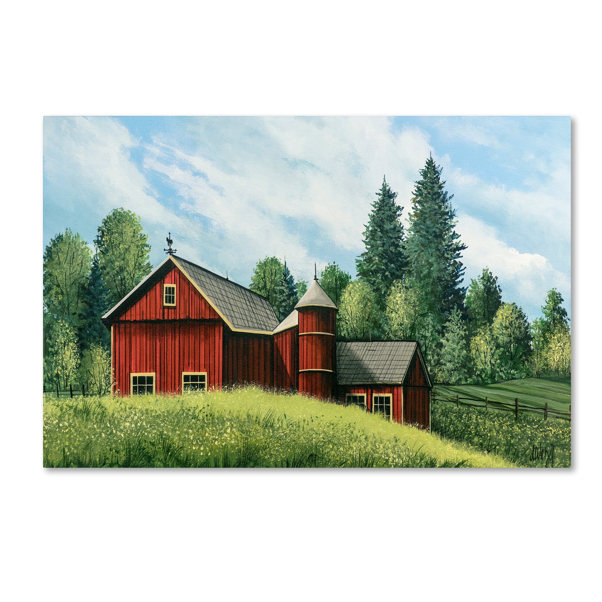Red Barn Summer Landscape Canvas Art in Modern Frame