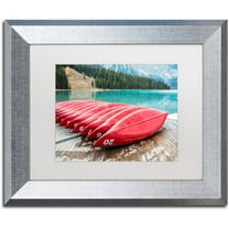 Trademark Fine Art 'Red Canoes of Emerald Lake' Canvas Art by Pierre Leclerc, White Matte, Silver Frame