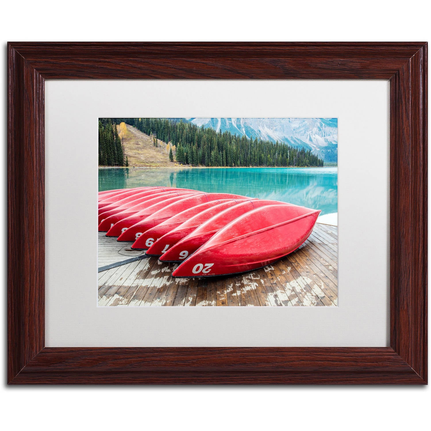 Trademark Fine Art 'Red Canoes of Emerald Lake' Canvas Art by Pierre Leclerc, White Matte, Wood Frame