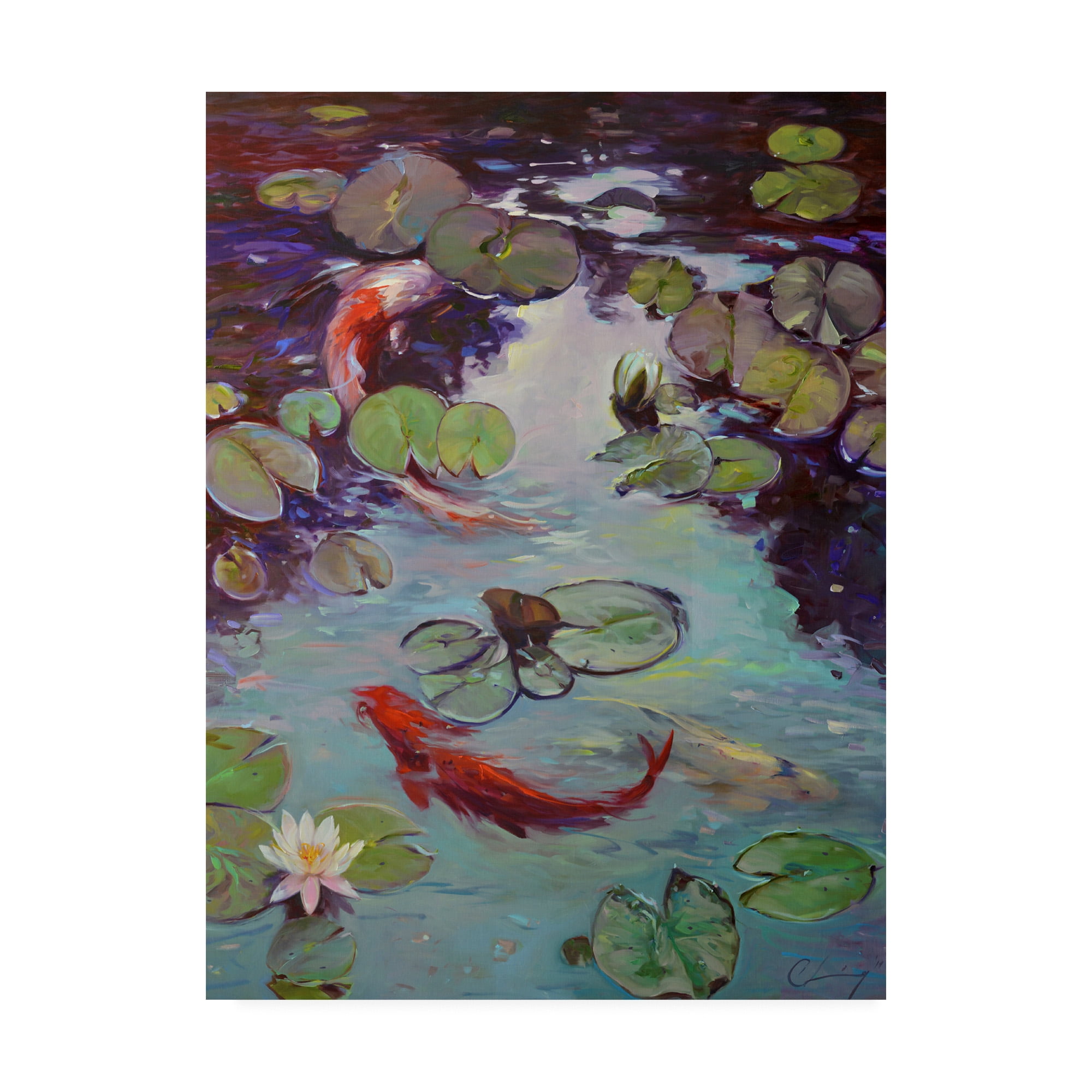 Red and Green Koi Fish Swimming in Pond Canvas Art