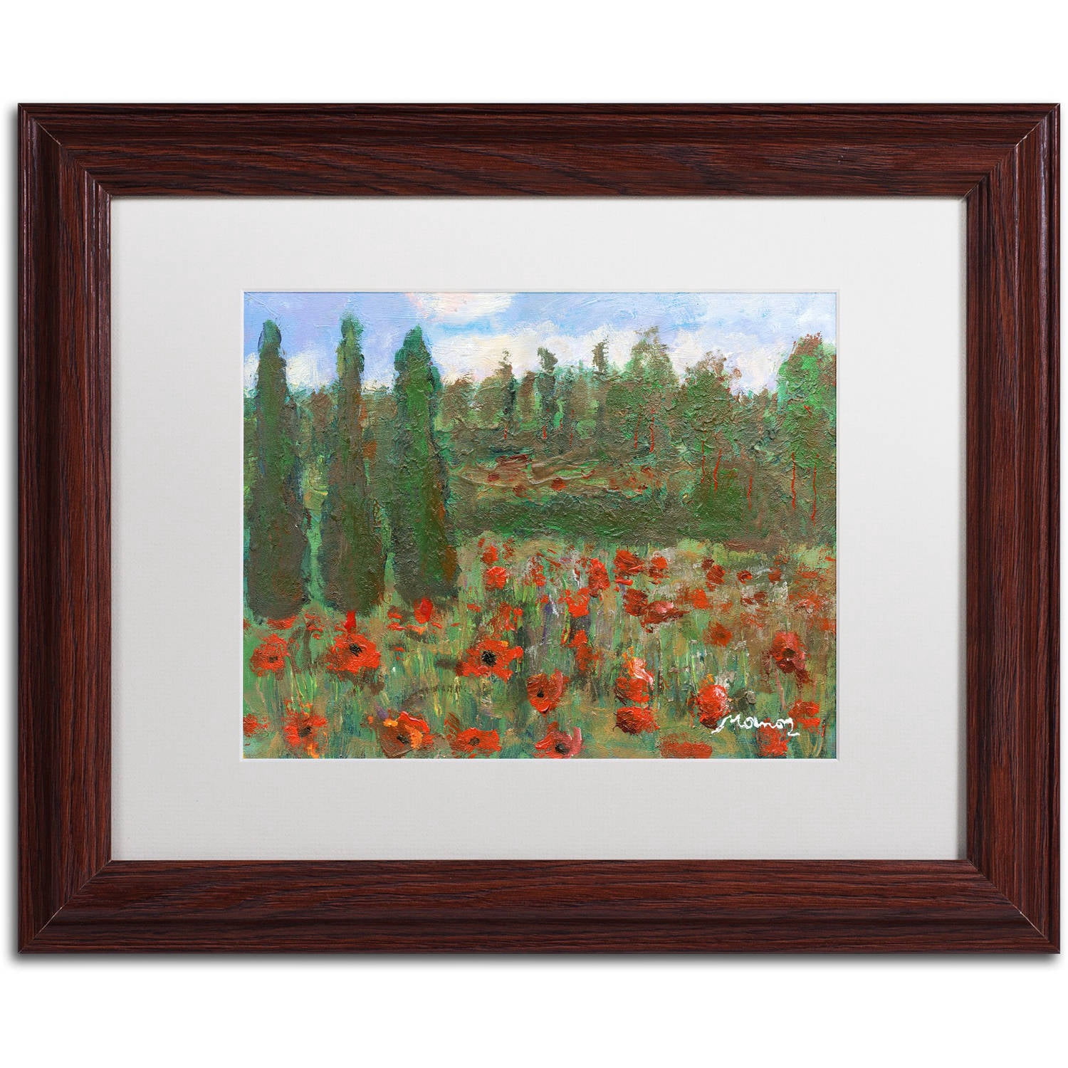 Trademark Fine Art "Red Poppies in the Wood" Canvas Art by Manor Shadian White Matte, Wood Frame