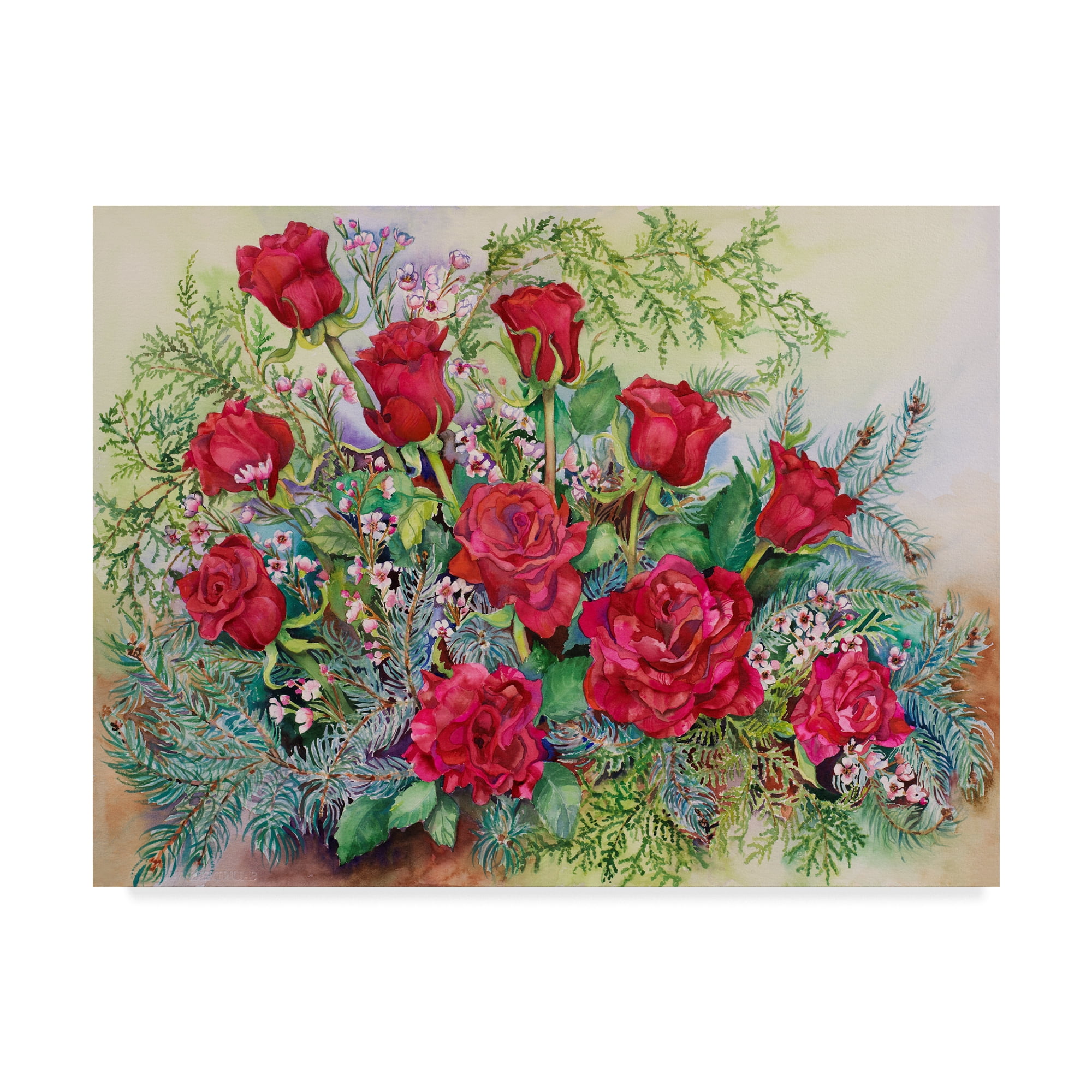 Trademark Fine Art 'Red Roses With Evergreens' Canvas Art by Joanne Porter
