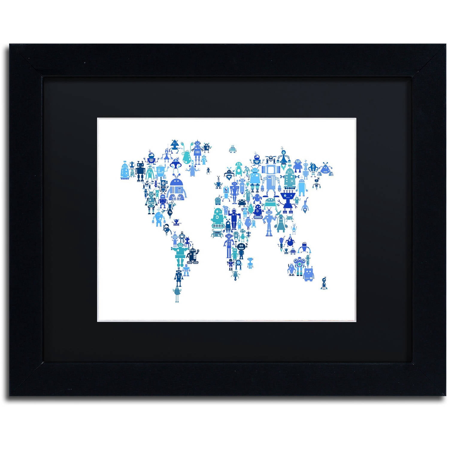Trademark Fine Art "Robot Map of the World Blue" Canvas Art by Michael Tompsett, Black Matte, Black Frame