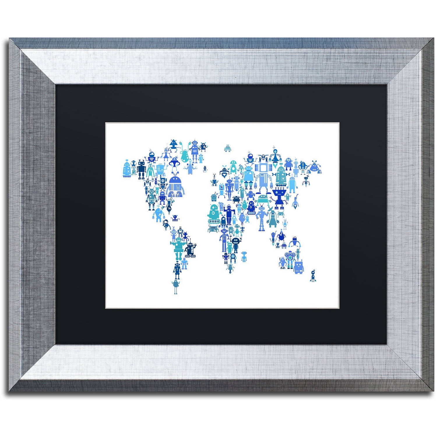 Trademark Fine Art "Robot Map of the World Blue" Canvas Art by Michael Tompsett, Black Matte, Silver Frame