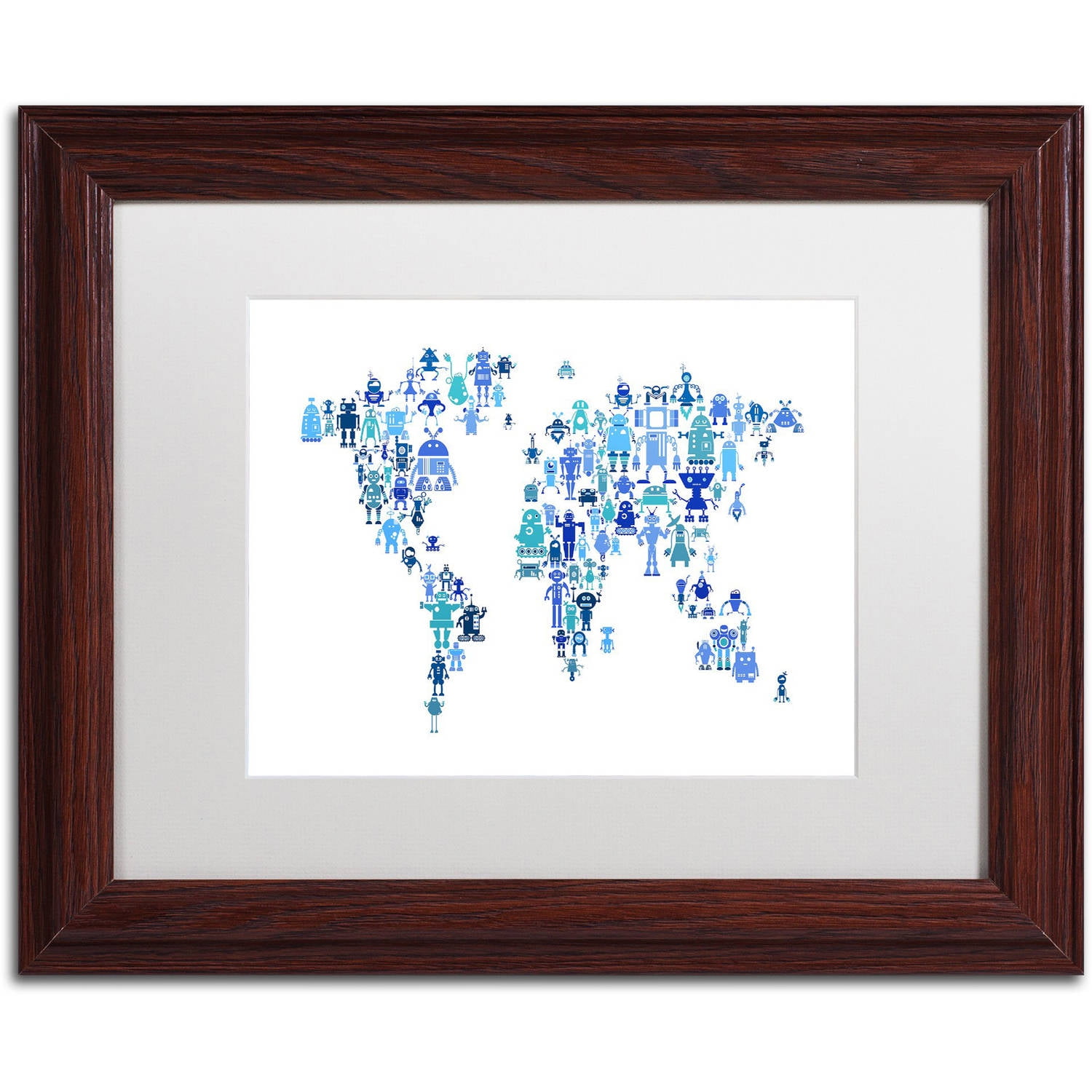 Trademark Fine Art "Robot Map of the World Blue" Canvas Art by Michael Tompsett, White Matte, Wood Frame