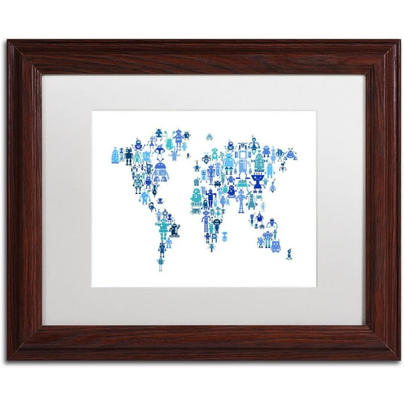 Trademark Fine Art "Robot Map of the World Blue" Canvas Art by Michael Tompsett, White Matte, Wood Frame