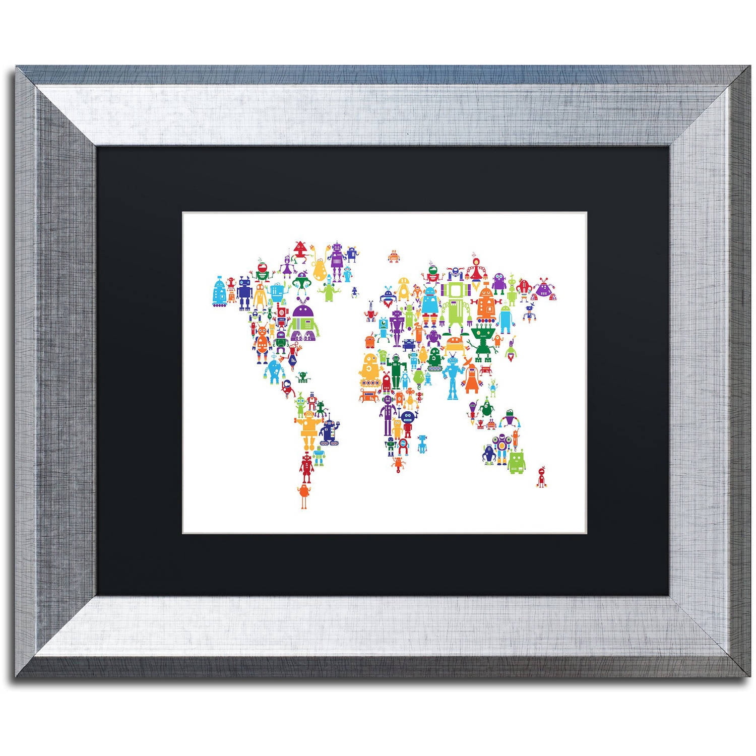 Trademark Fine Art "Robot Map of the World" Canvas Art by Michael Tompsett, Black Matte, Silver Frame