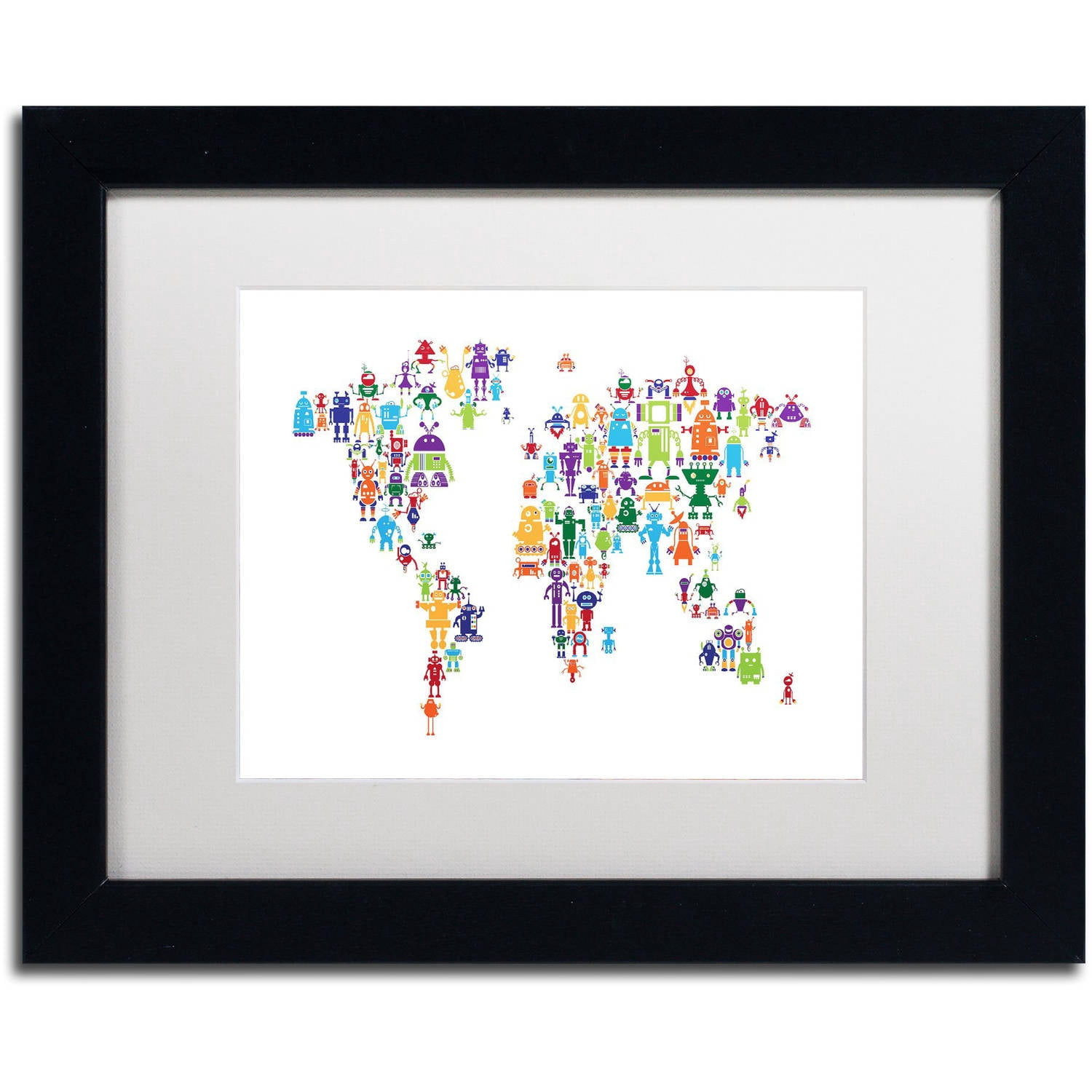 Trademark Fine Art "Robot Map of the World" Canvas Art by Michael Tompsett, White Matte, Black Frame