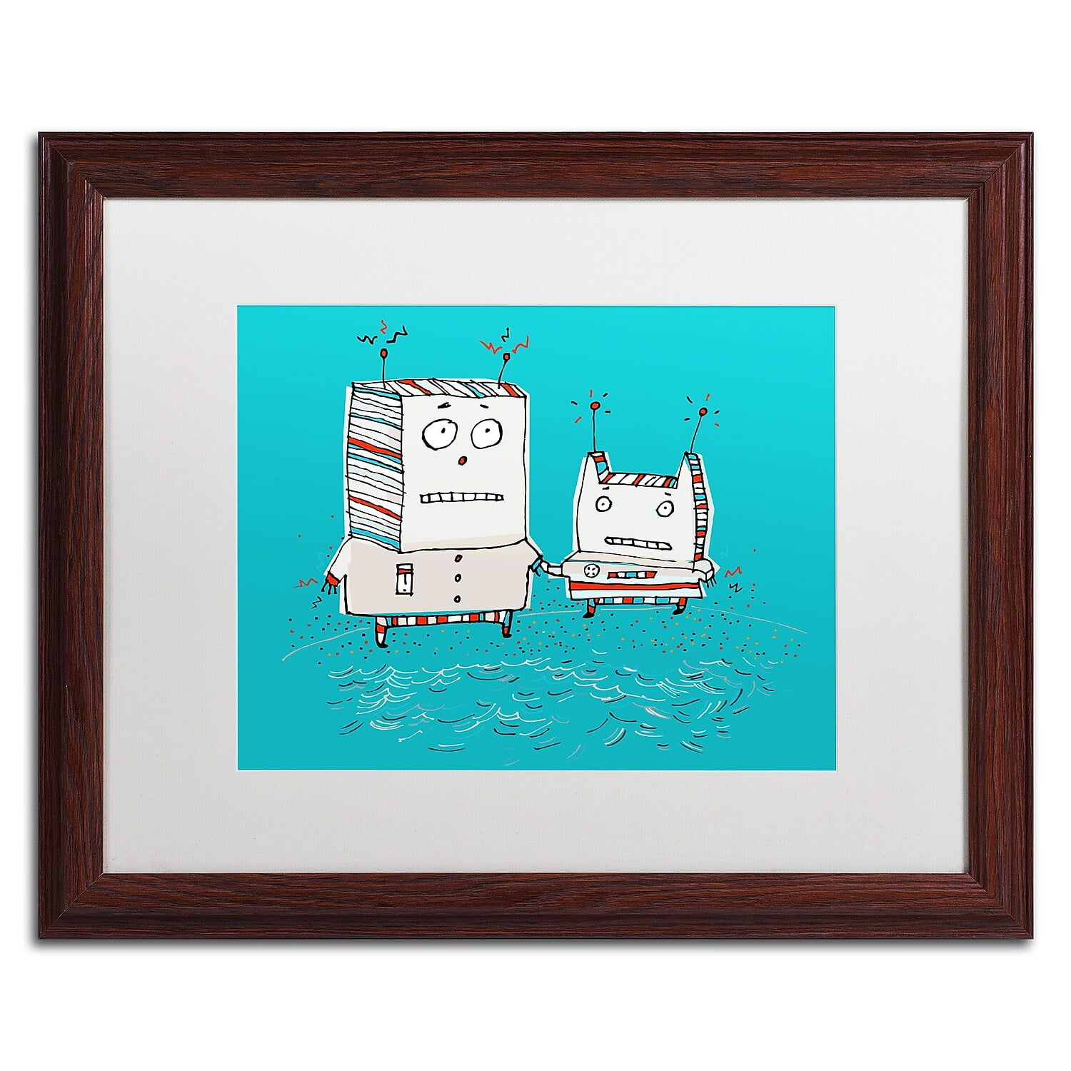 Trademark Fine Art "Robots on Beach" Canvas Art by Carla Martell, White Matte, Wood Frame