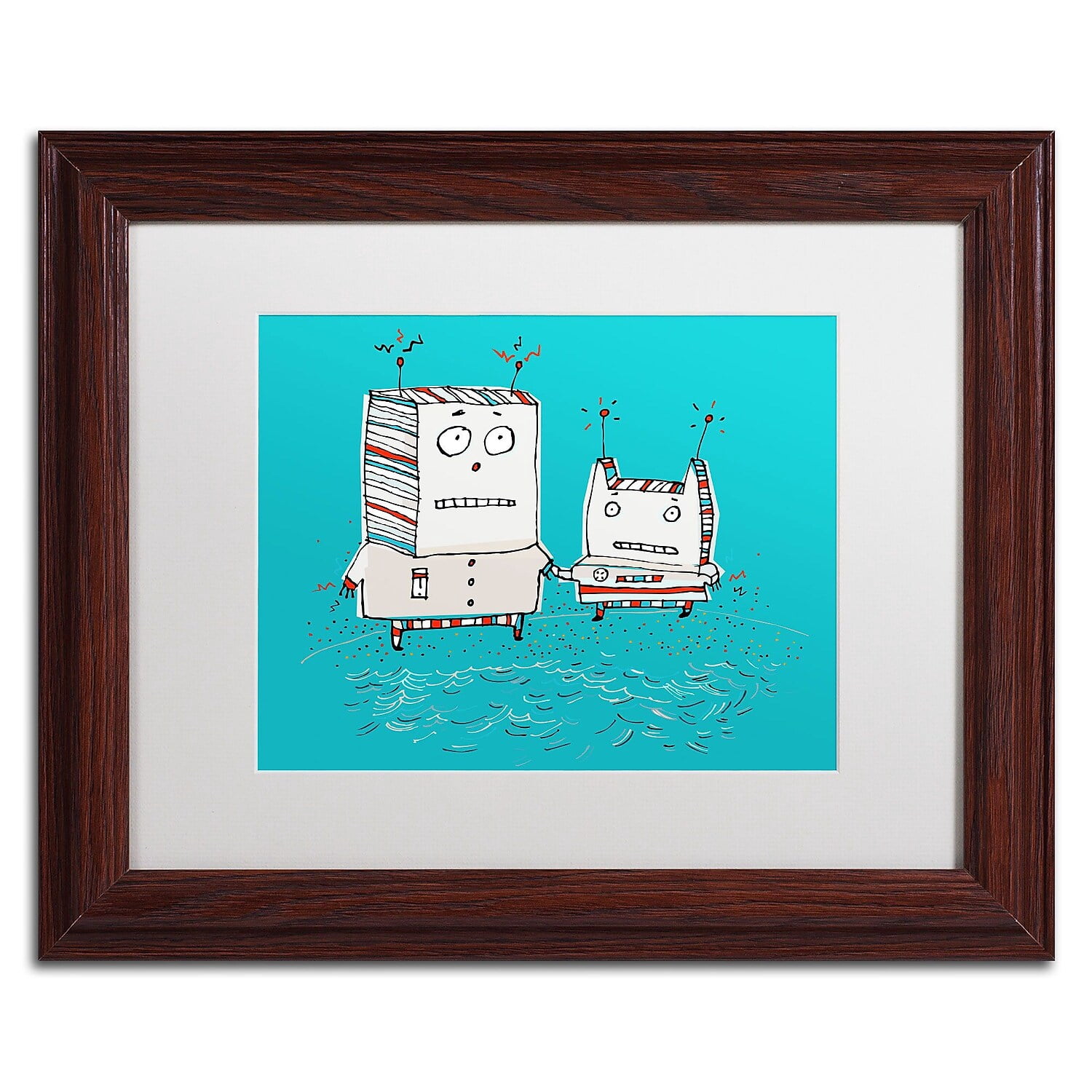 Trademark Fine Art "Robots on Beach" Canvas Art by Carla Martell, White Matte, Wood Frame