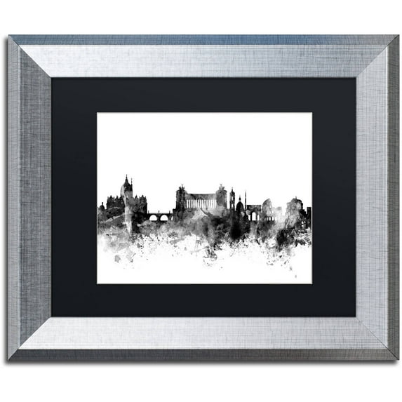Trademark Fine Art "Rome Italy Skyline B&W" Canvas Art by Michael Tompsett, Black Matte, Silver Frame