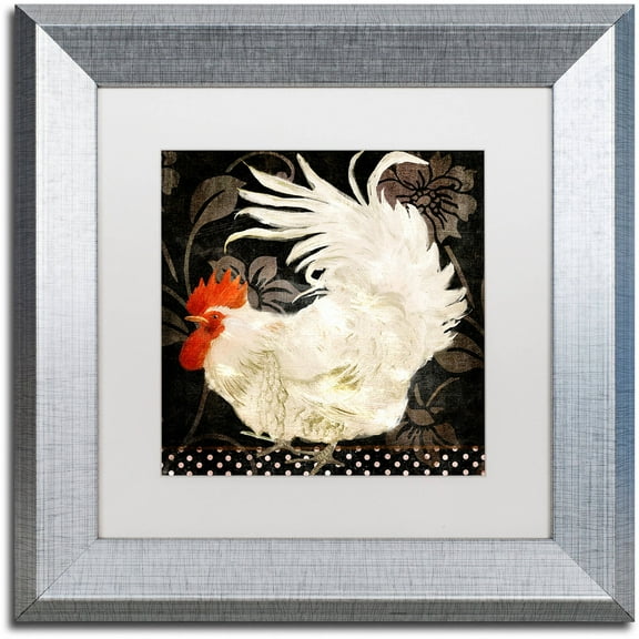 Trademark Fine Art "Rooster Damask I" Canvas Art by Color Bakery White Matte, Silver Frame