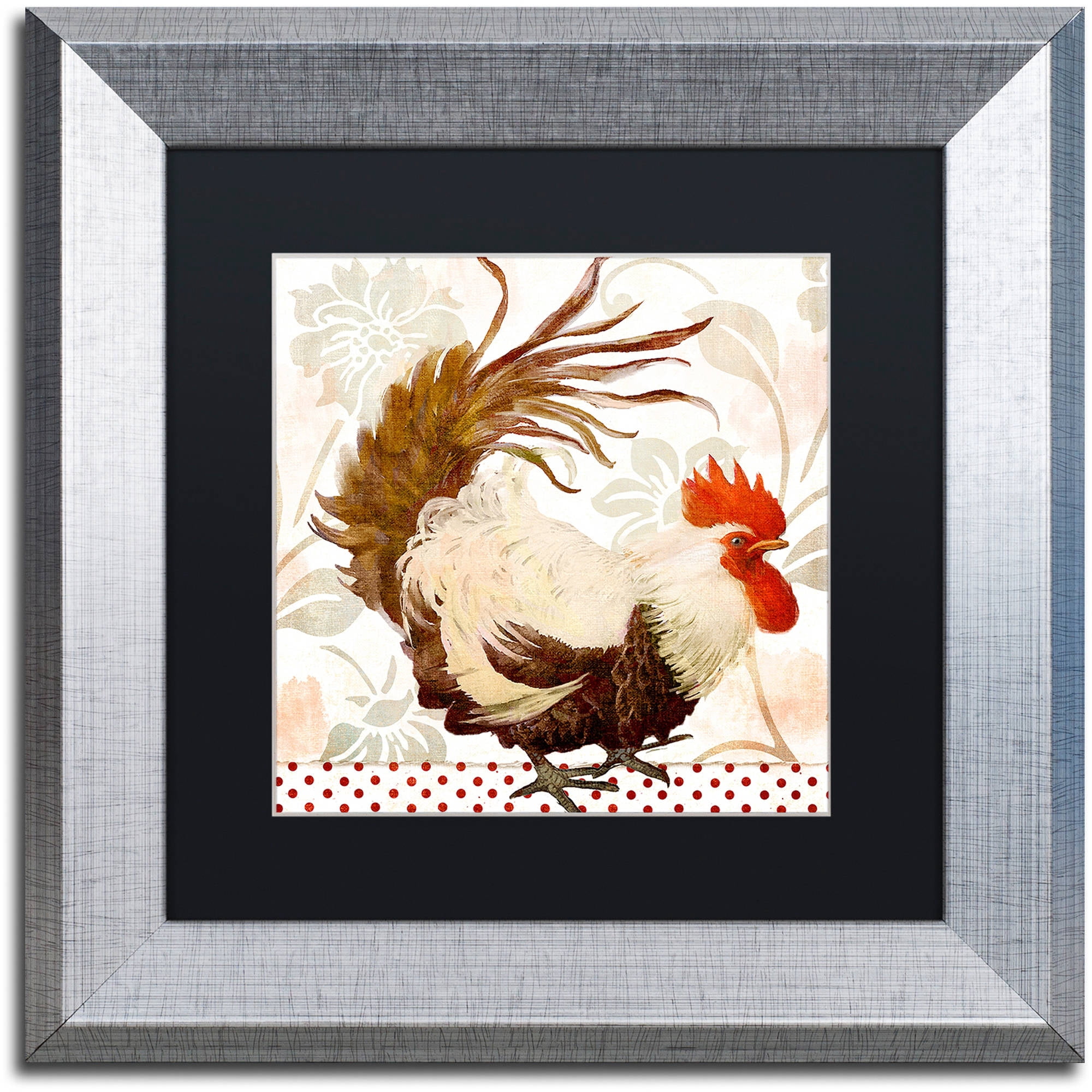 Trademark Fine Art "Rooster Damask II" Canvas Art by Color Bakery Black Matte, Silver Frame