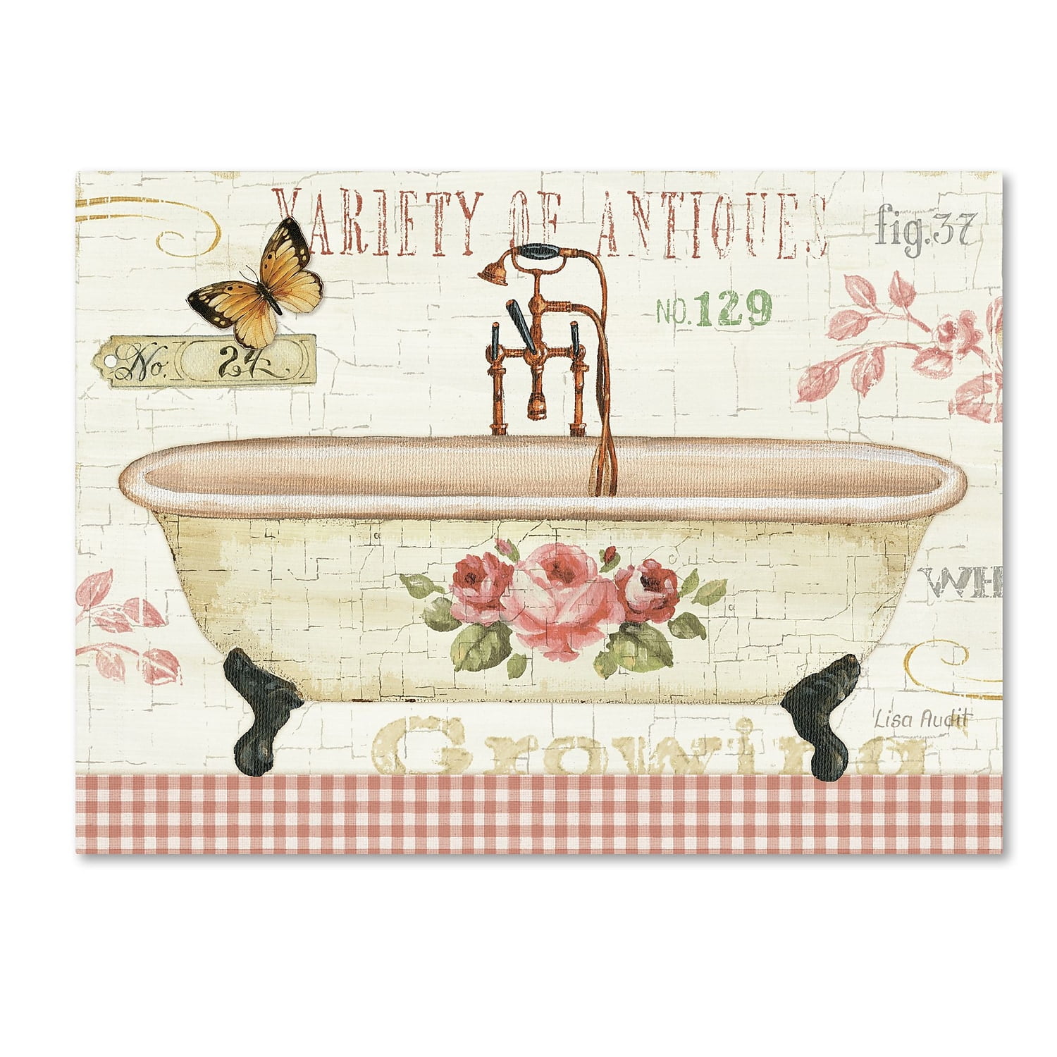 Vintage Floral Bathtub Canvas Art in Beige and Pink