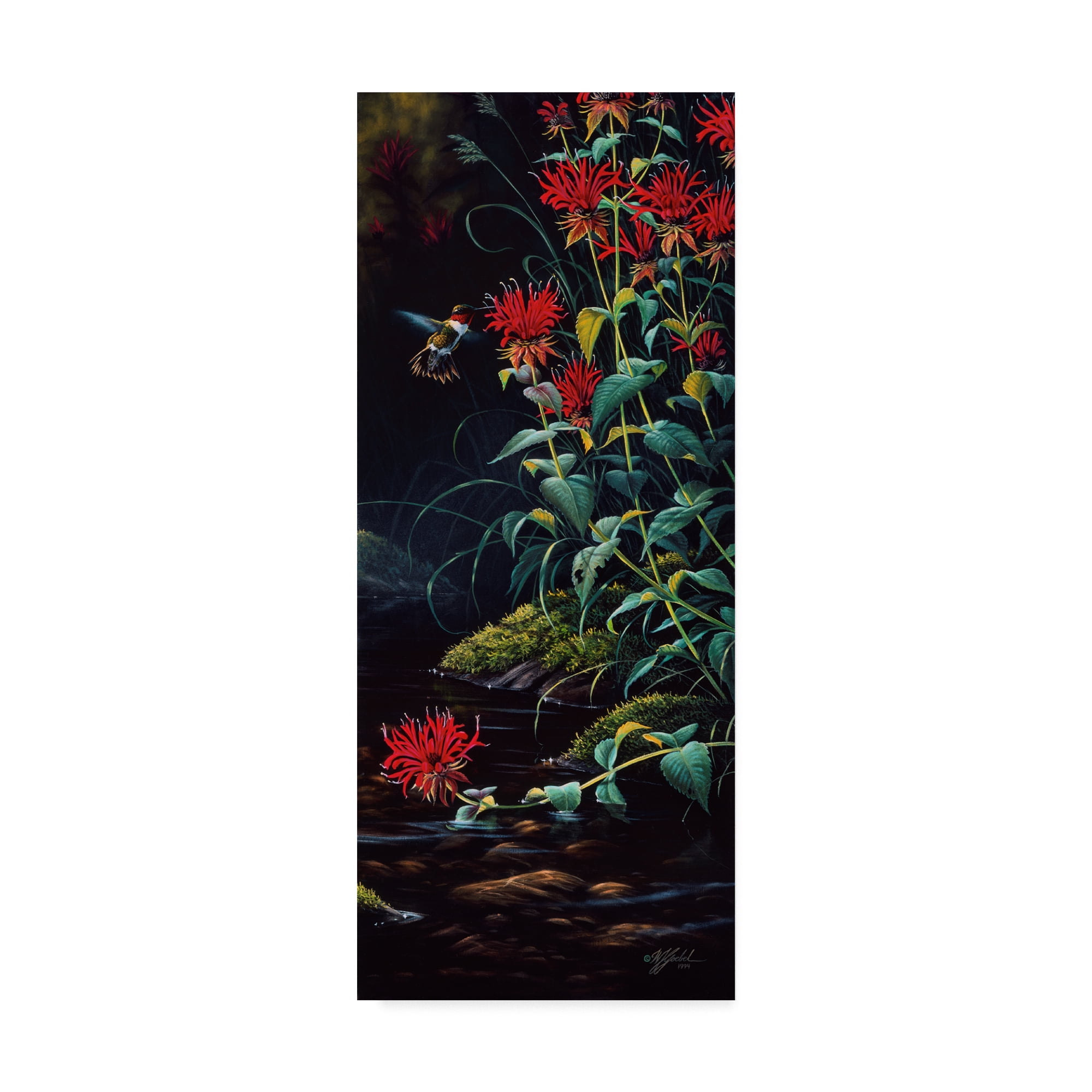 Ruby Throated Hummingbird with Red Flowers Wood Frame Canvas Art