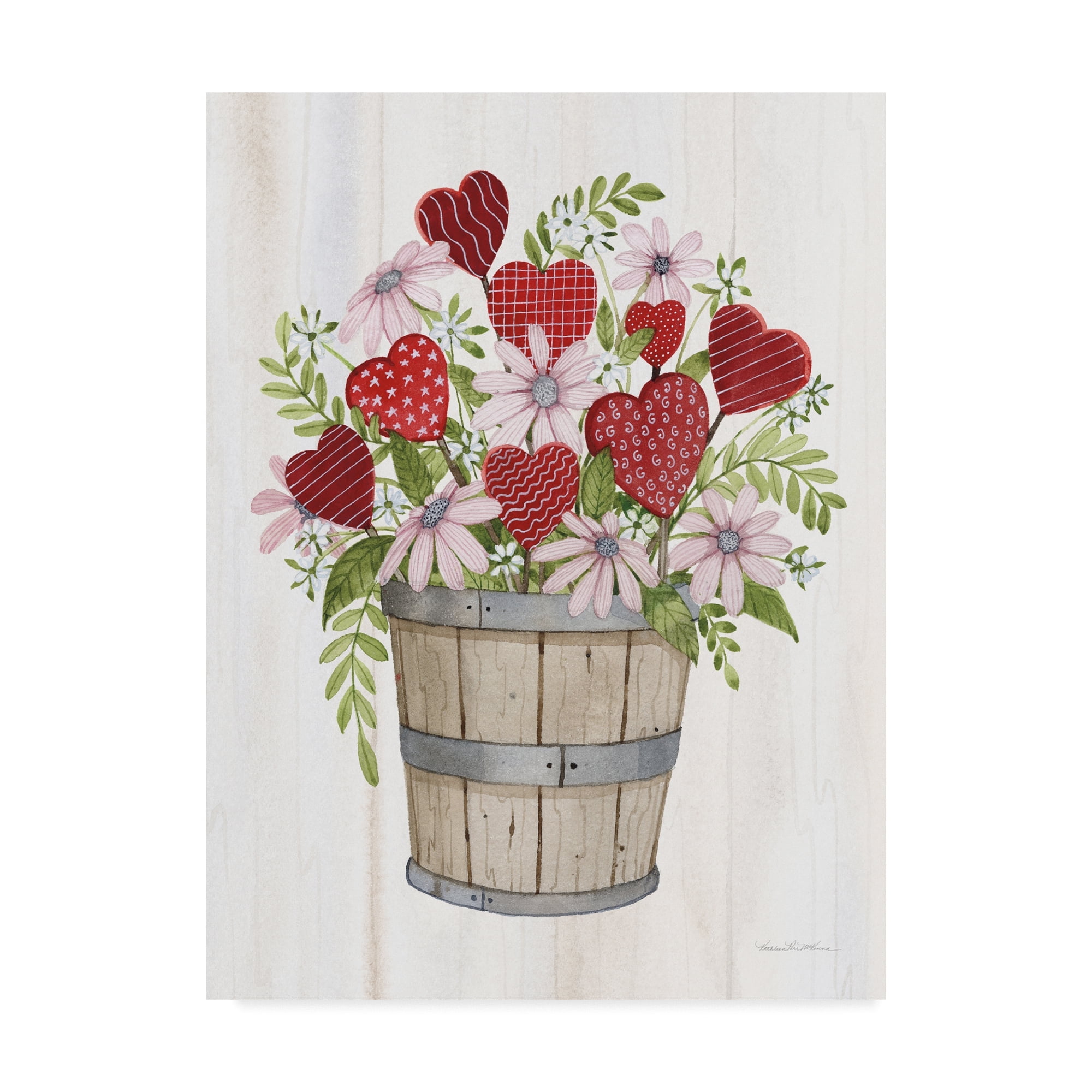 Floral Bouquet with Red Hearts Canvas Print in Wooden Bucket