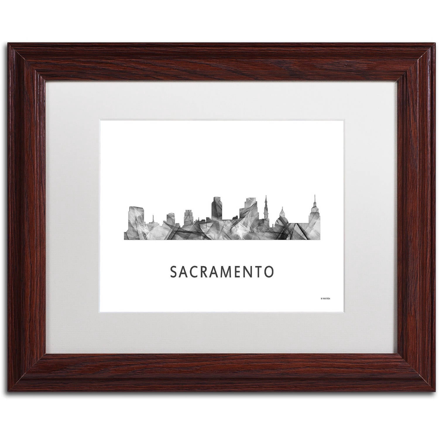 Trademark Fine Art 'Sacramento CA Skyline WB-BW' Canvas Art by Marlene Watson, White Matte, Wood Frame