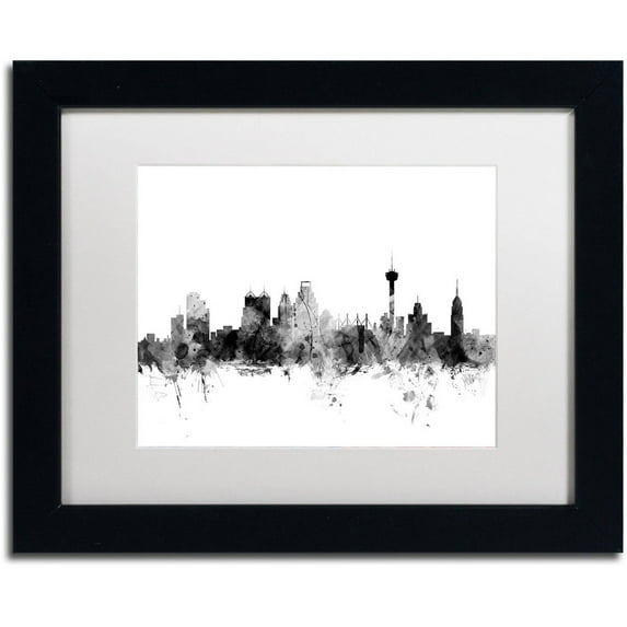 Trademark Fine Art "San Antonio Texas Skyline B&W" Canvas Art by Michael Tompsett, White Matte, Black Frame