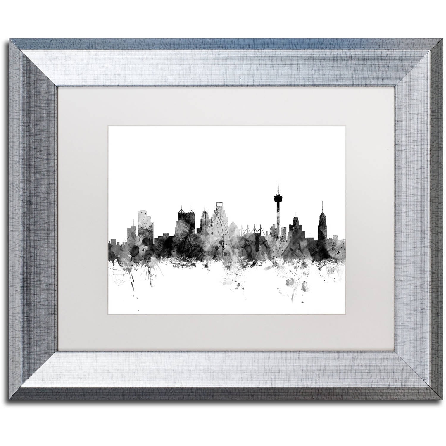Trademark Fine Art "San Antonio Texas Skyline B&W" Canvas Art by Michael Tompsett, White Matte, Silver Frame