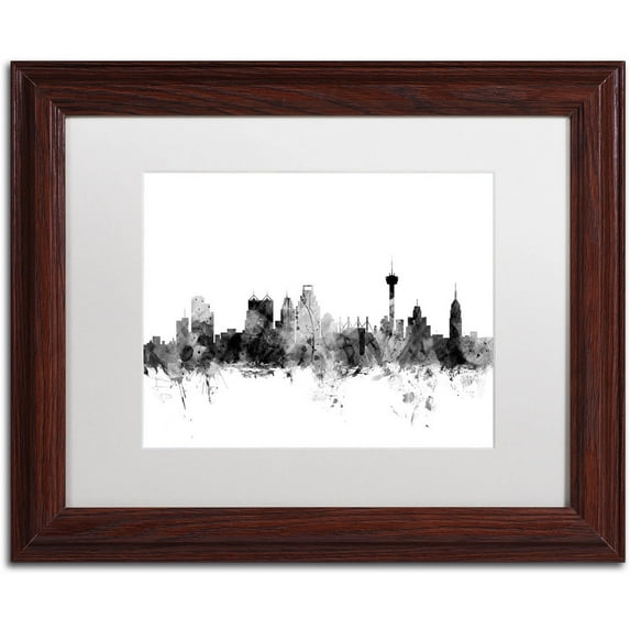 Trademark Fine Art "San Antonio Texas Skyline B&W" Canvas Art by Michael Tompsett, White Matte, Wood Frame