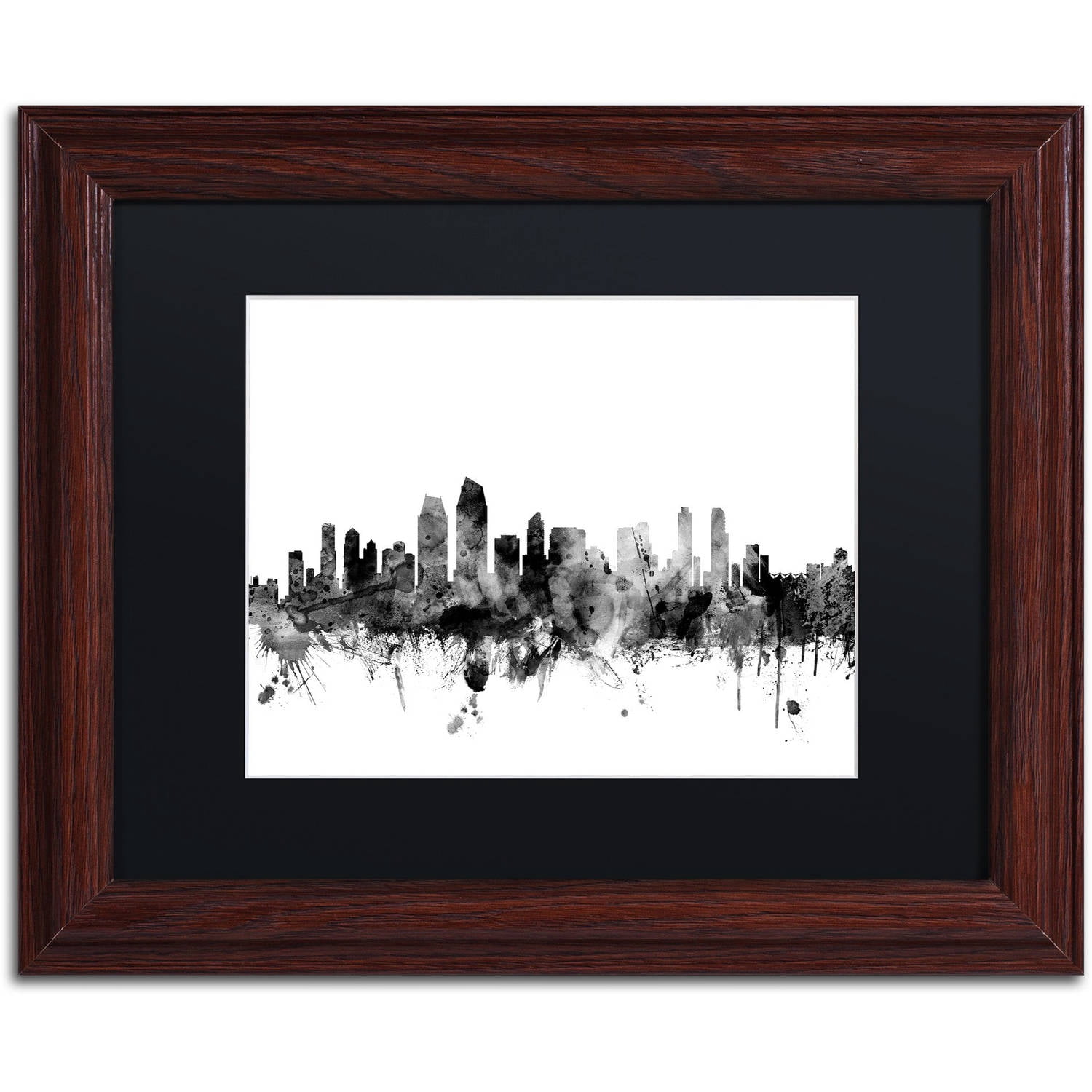 Trademark Fine Art "San Diego CA Skyline B&W" Canvas Art by Michael Tompsett, Black Matte, Wood Frame