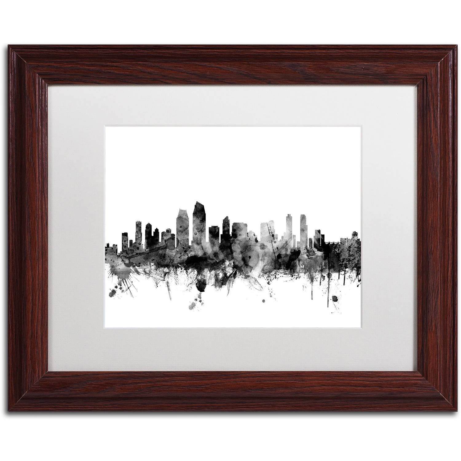 Trademark Fine Art "San Diego CA Skyline B&W" Canvas Art by Michael Tompsett, White Matte, Wood Frame