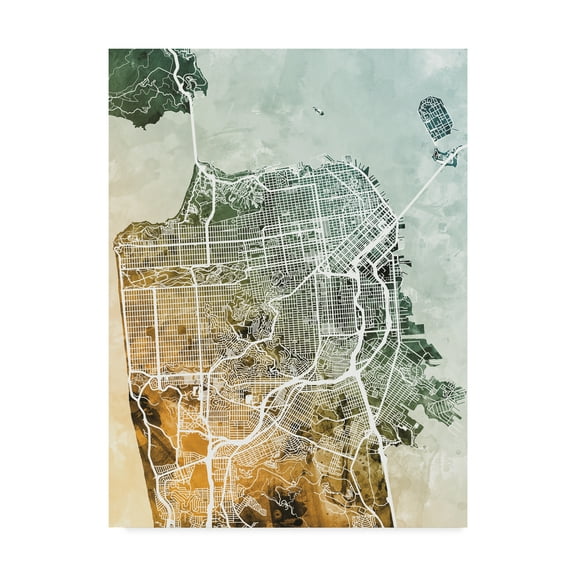 Trademark Fine Art 'San Francisco City Street Map Teal Orange' Canvas Art by Michael Tompsett
