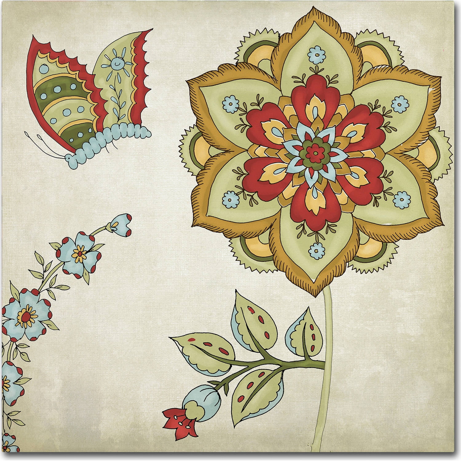 Colorful Floral and Butterfly Canvas Art in Beige and Red