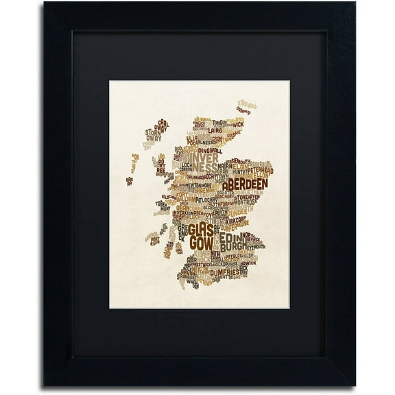 Trademark Fine Art "Scotland Typography Text Map 3" Canvas Art by Michael Tompsett, Black Matte, Black Frame