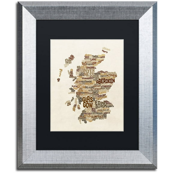 Trademark Fine Art "Scotland Typography Text Map 3" Canvas Art by Michael Tompsett, Black Matte, Silver Frame