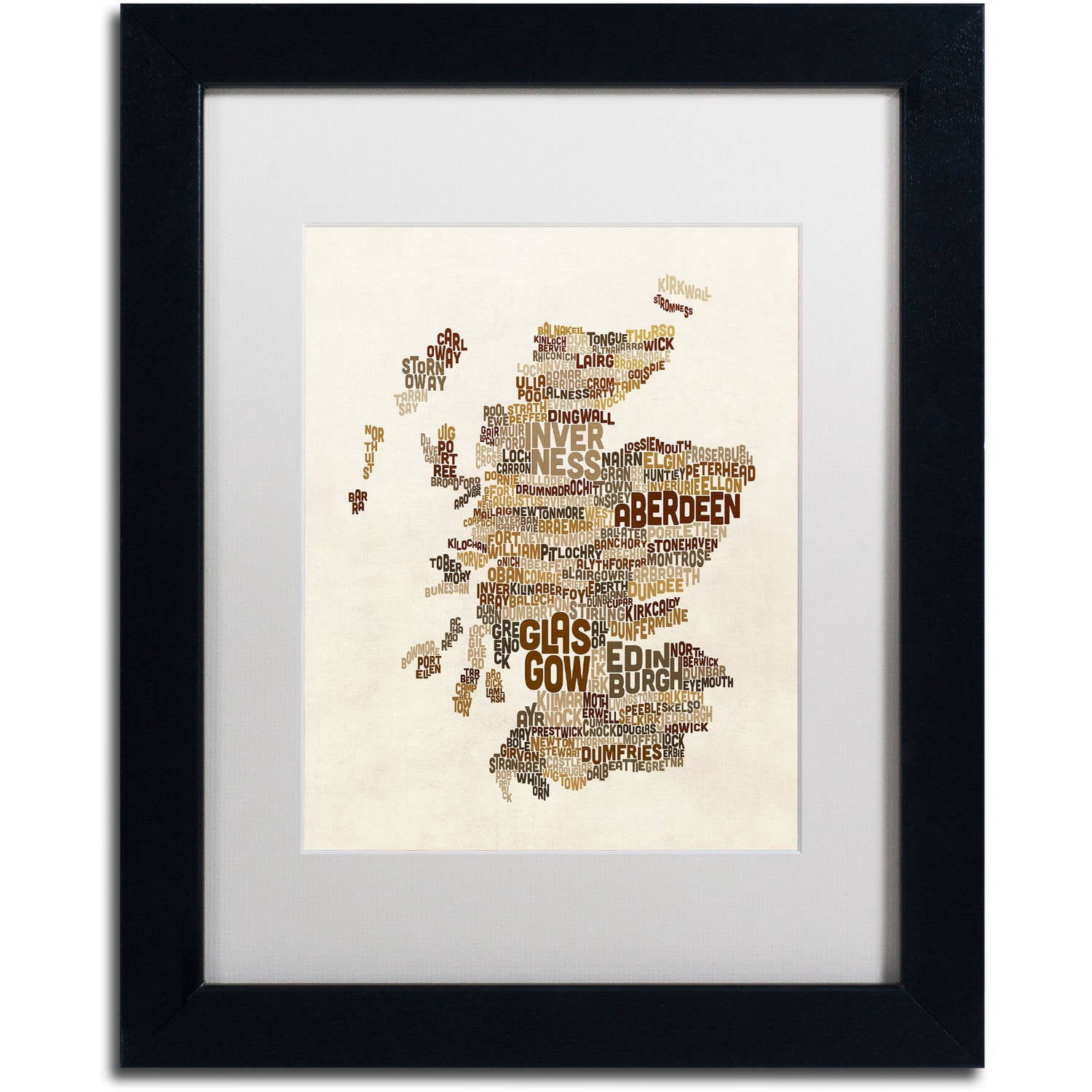 Trademark Fine Art "Scotland Typography Text Map 3" Canvas Art by Michael Tompsett, White Matte, Black Frame