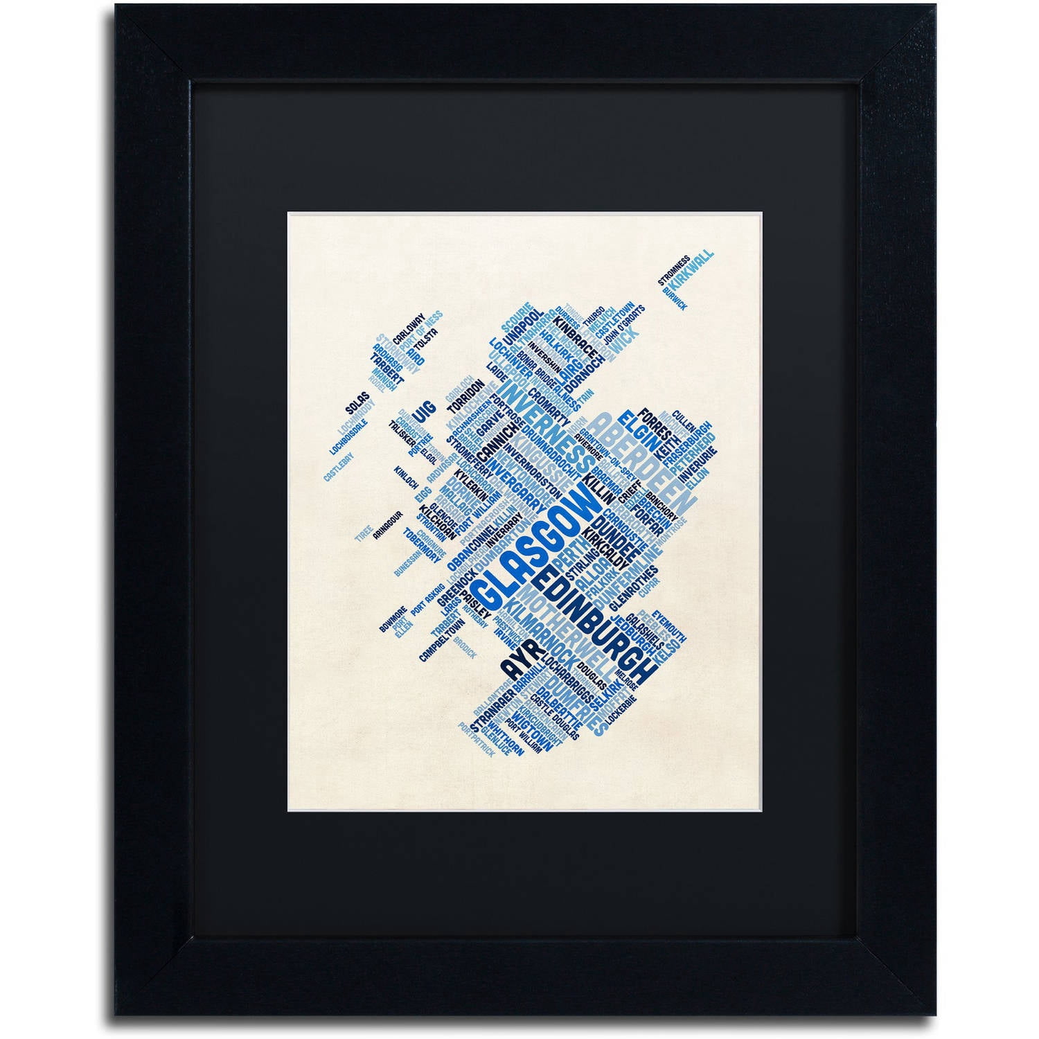 Trademark Fine Art "Scotland Typography Text Map 5" Canvas Art by Michael Tompsett, Black Matte, Black Frame