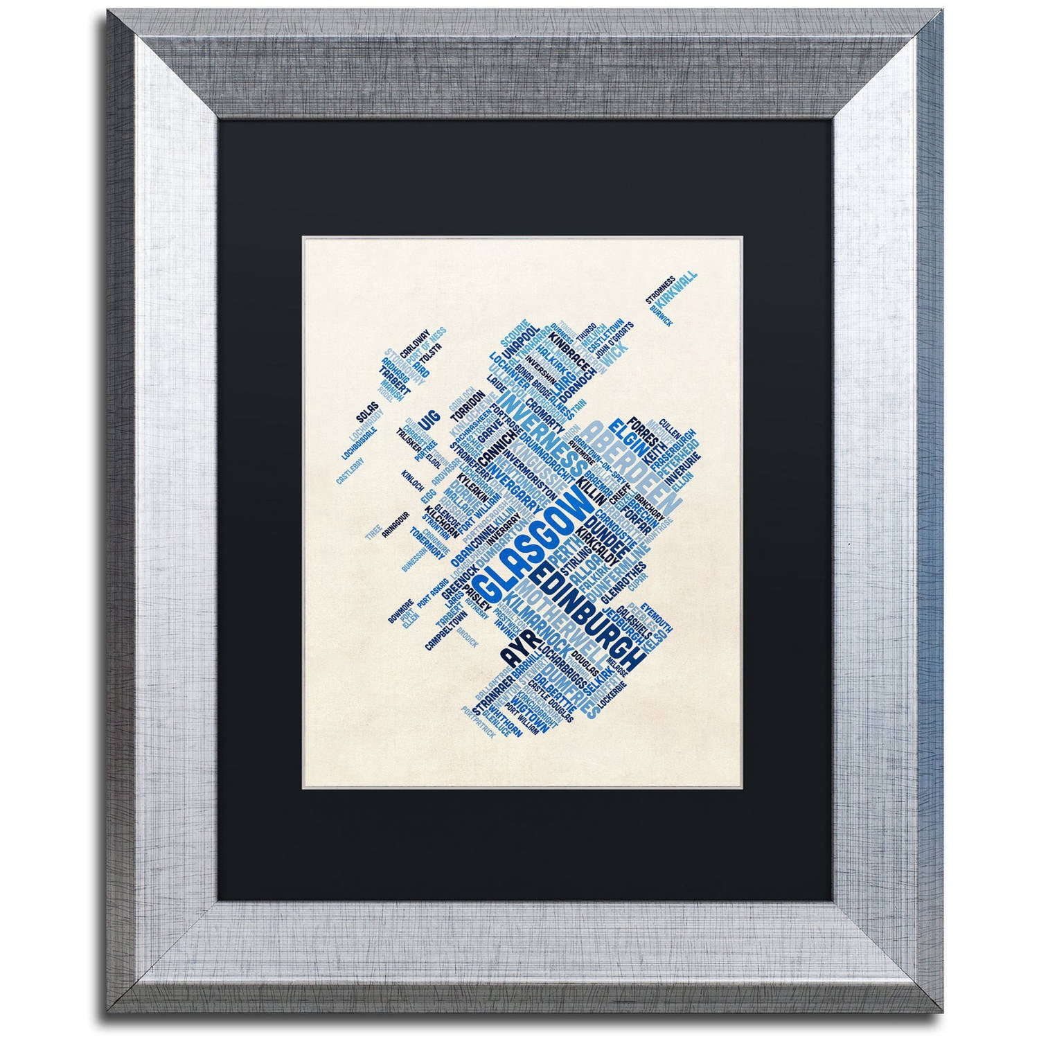 Trademark Fine Art "Scotland Typography Text Map 5" Canvas Art by Michael Tompsett, Black Matte, Silver Frame