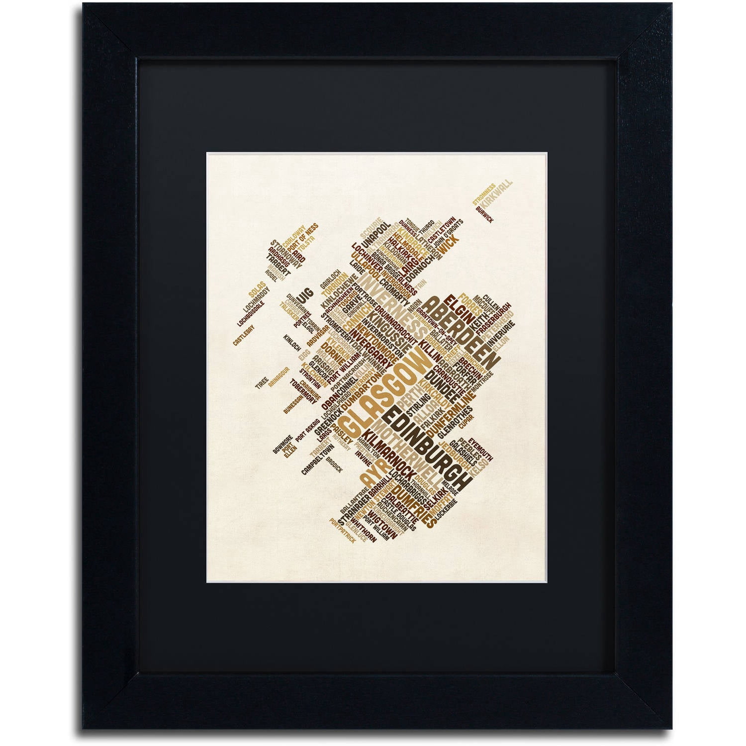 Trademark Fine Art "Scotland Typography Text Map 6" Canvas Art by Michael Tompsett, Black Matte, Black Frame