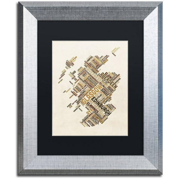 Trademark Fine Art "Scotland Typography Text Map 6" Canvas Art by Michael Tompsett, Black Matte, Silver Frame