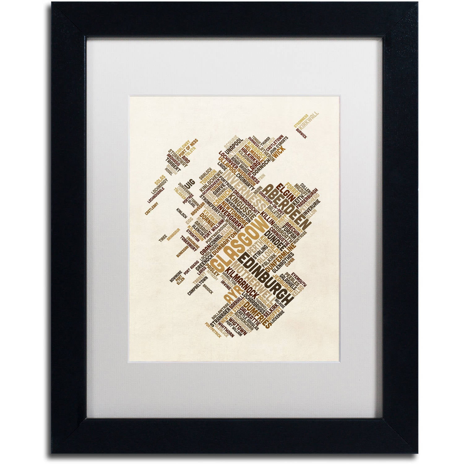 Trademark Fine Art "Scotland Typography Text Map 6" Canvas Art by Michael Tompsett, White Matte, Black Frame
