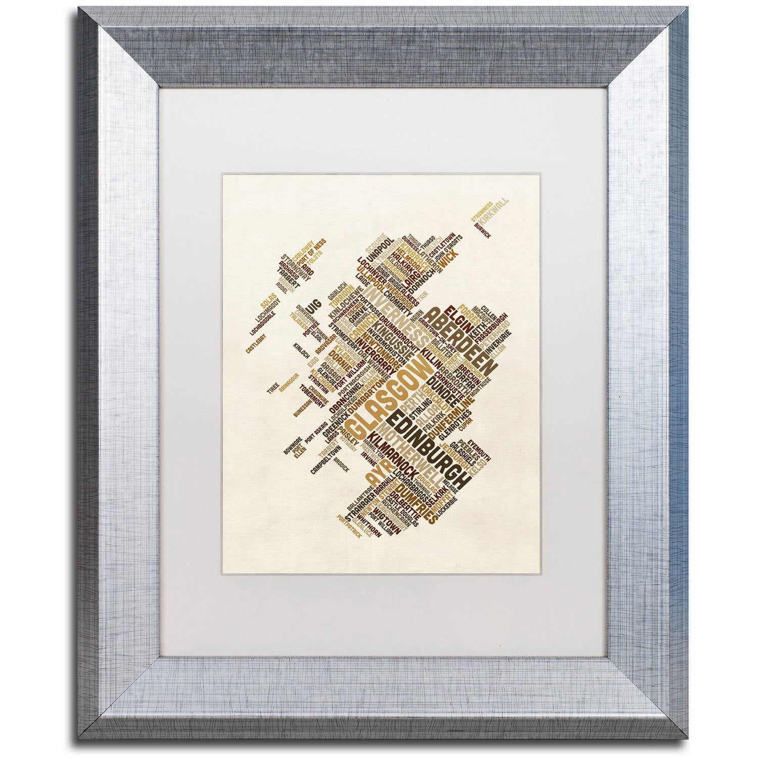 Trademark Fine Art "Scotland Typography Text Map 6" Canvas Art by Michael Tompsett, White Matte, Silver Frame
