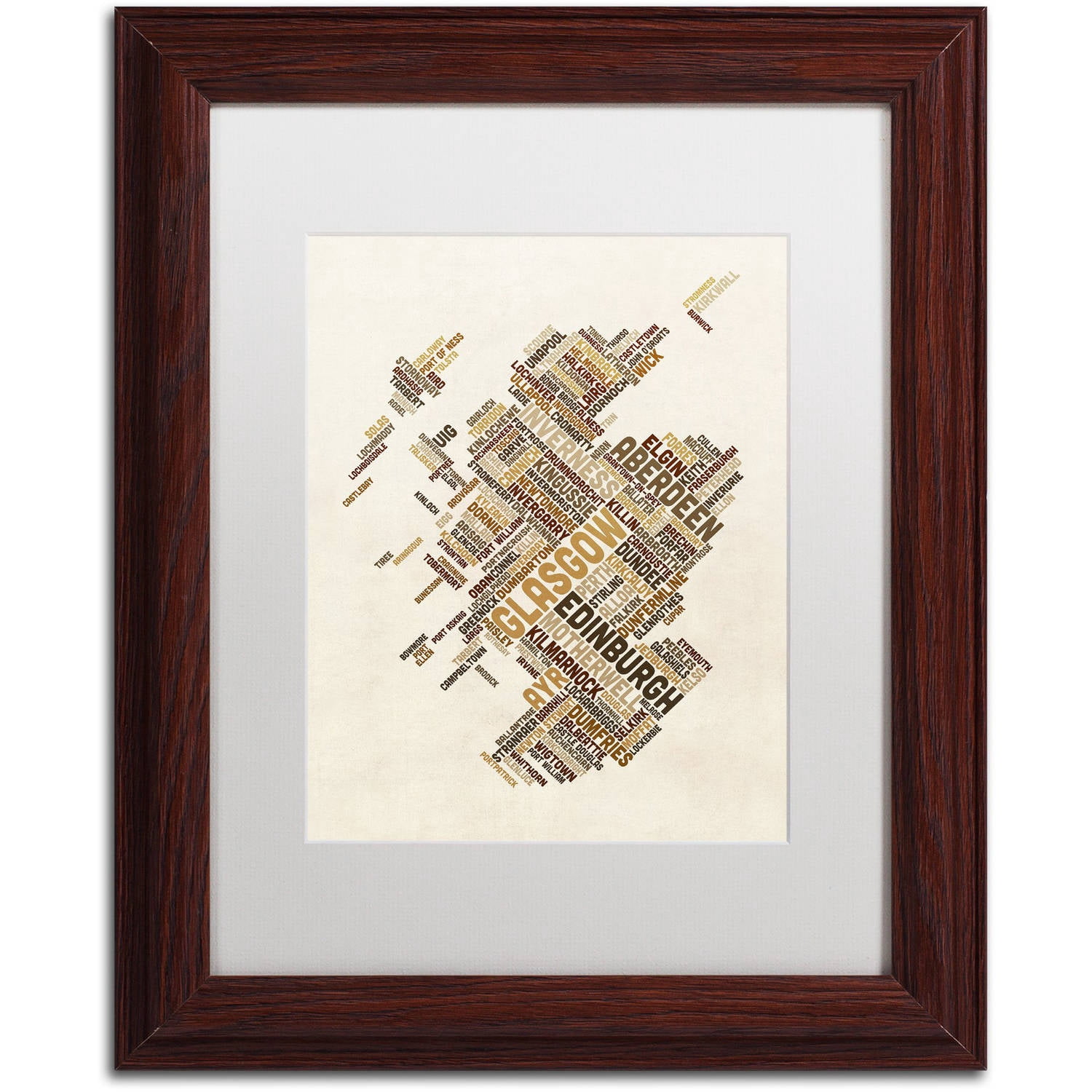 Trademark Fine Art "Scotland Typography Text Map 6" Canvas Art by Michael Tompsett, White Matte, Wood Frame