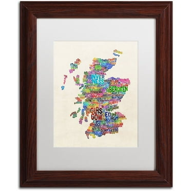 Trademark Fine Art "Scotland Typography Text Map" Canvas Art by Michael Tompsett, White Matte, Wood Frame
