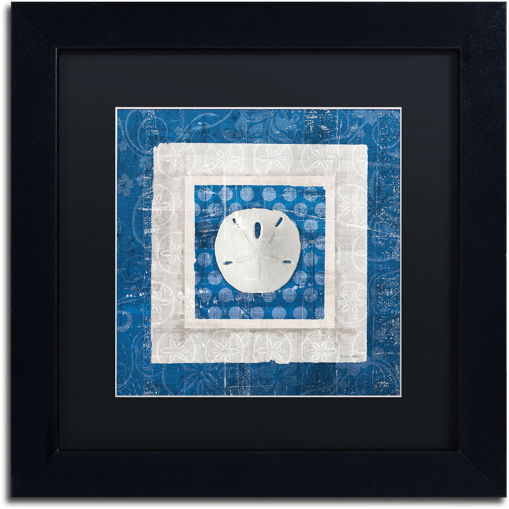 Trademark Fine Art "Sea Shell I on Blue" Canvas Art by Belinda Aldrich, Black Matte, Black Frame