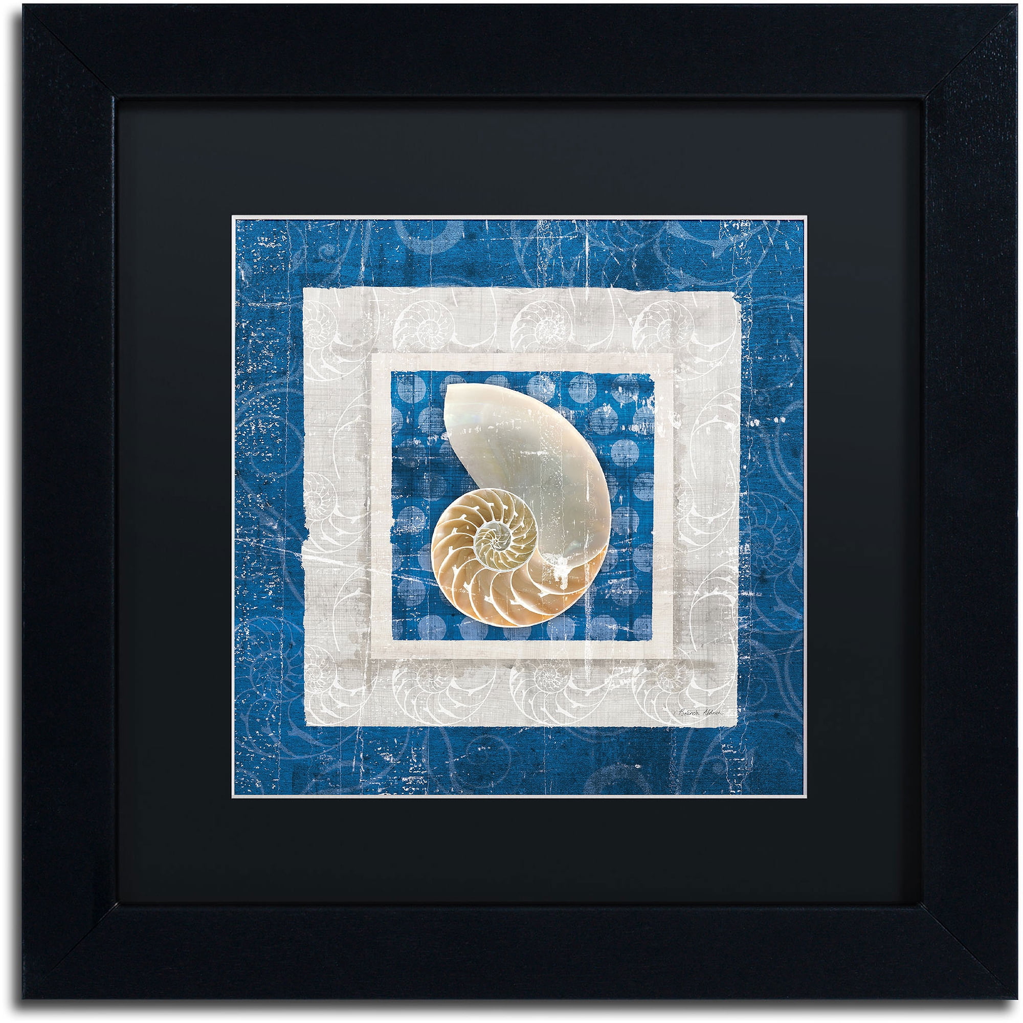 Trademark Fine Art "Sea Shell II on Blue" Canvas Art by Belinda Aldrich, Black Matte, Black Frame