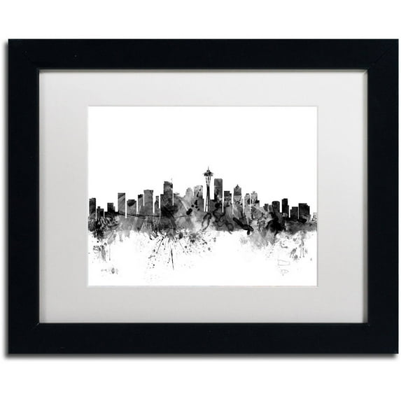Trademark Fine Art "Seattle Washington Skyline B&W" Canvas Art by Michael Tompsett, White Matte, Black Frame