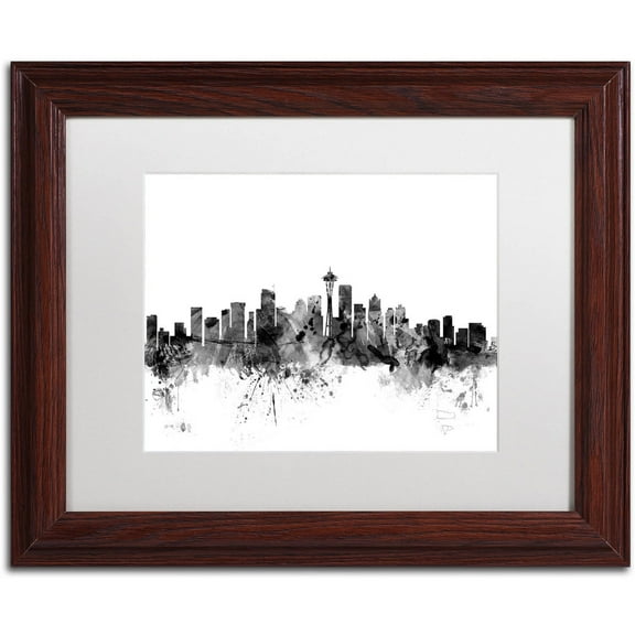 Trademark Fine Art "Seattle Washington Skyline B&W" Canvas Art by Michael Tompsett, White Matte, Wood Frame
