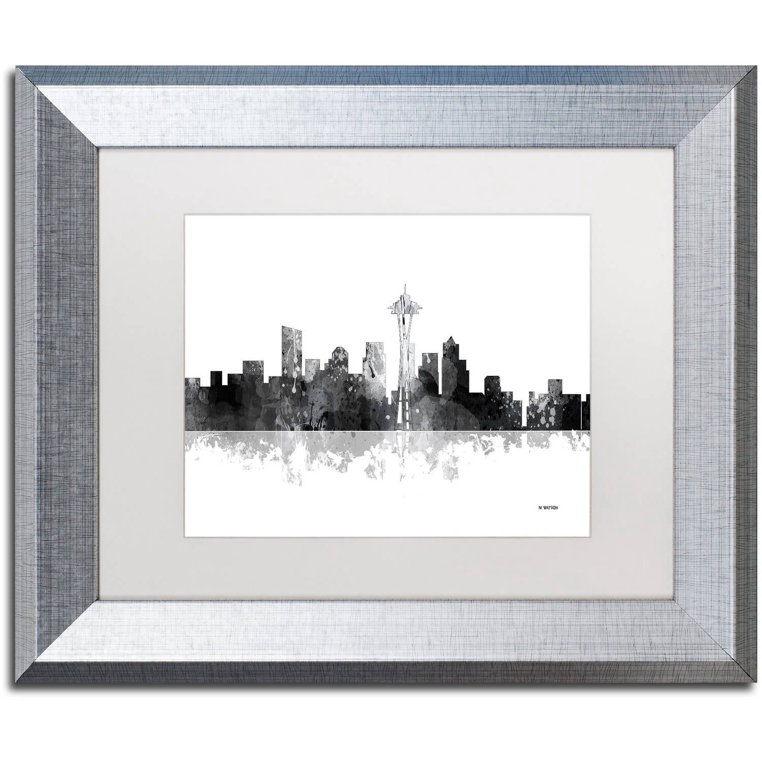 Trademark Fine Art "Seattle Washington Skyline BG-1" Canvas Art by Marlene Watson, White Matte, Silver Frame