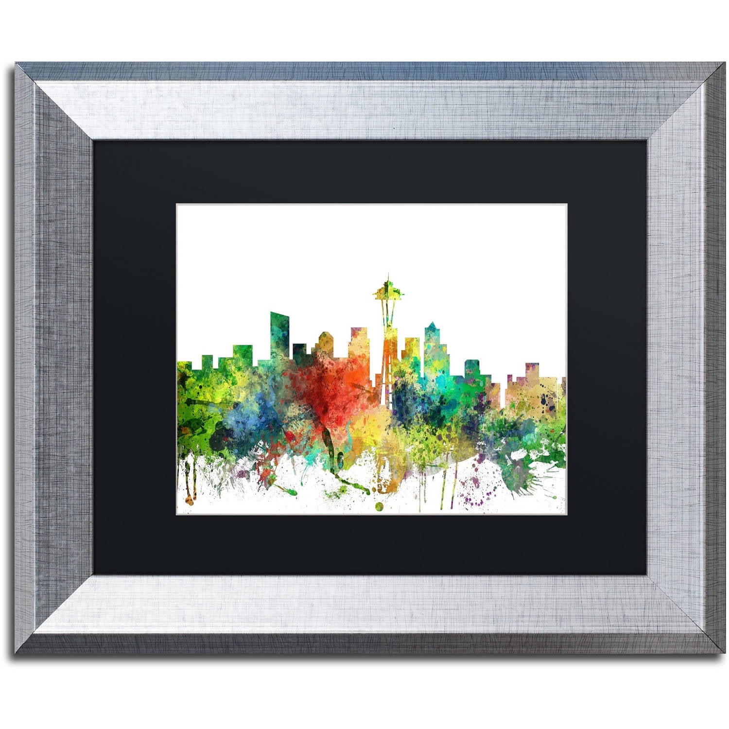 Trademark Fine Art "Seattle Washington Skyline SP" Canvas Art by Marlene Watson, Black Matte, Silver Frame